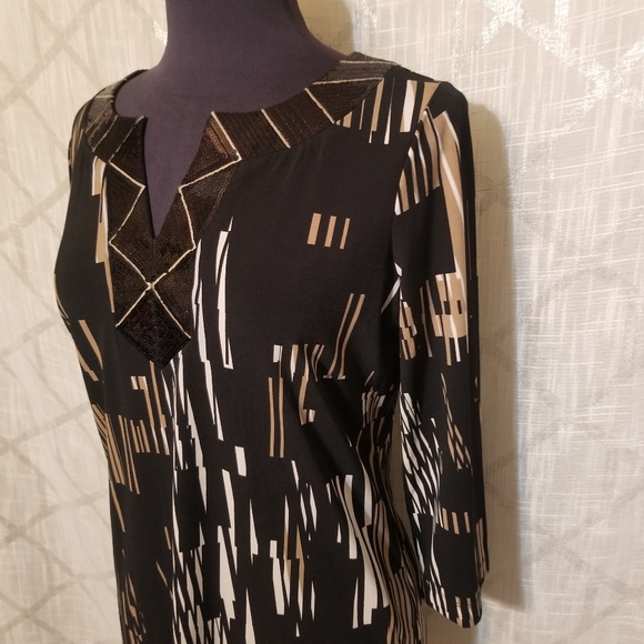 Dana Buchanan Top Blouse Womens Size Small Black Geometric Print Tunic - Picture 3 of 7